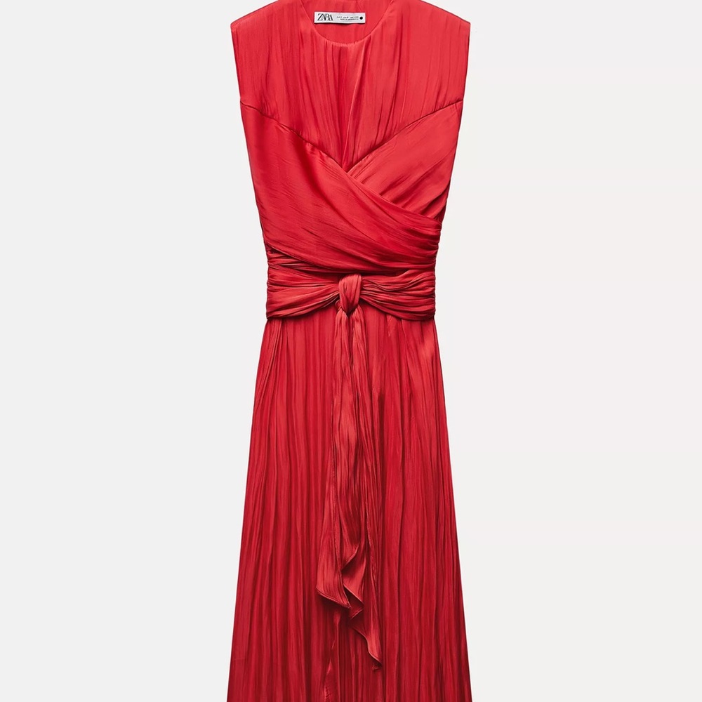 Zara Red Ruched Tie Front Maxi Dress
